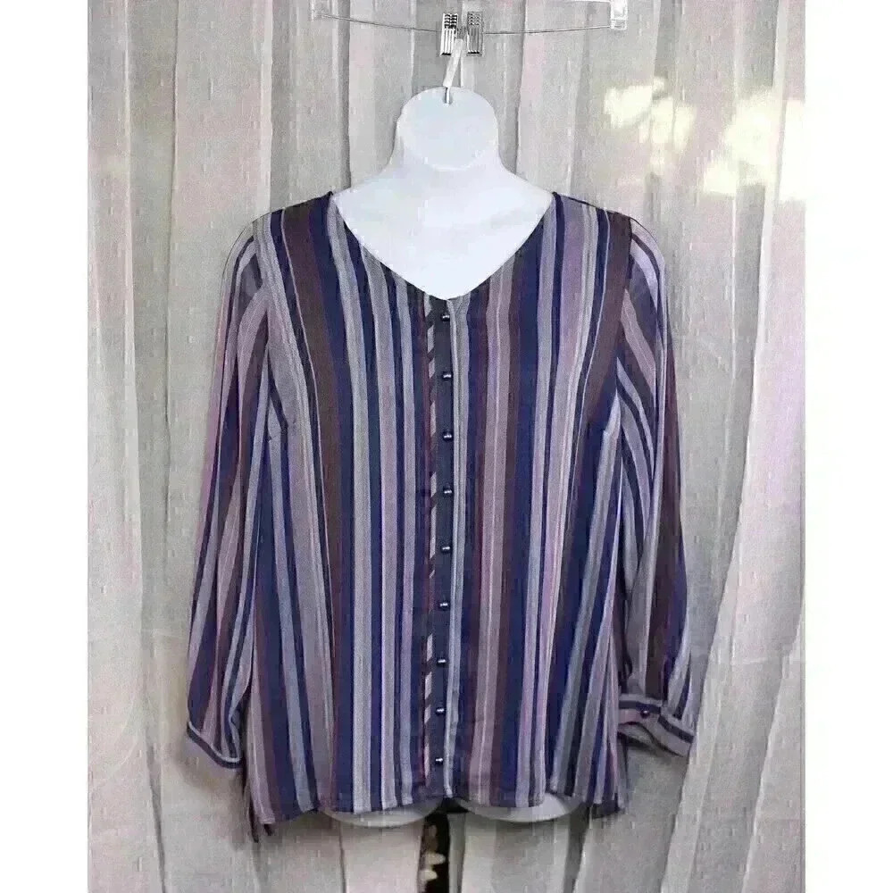 cj banks NWOT size 1X lined blue striped long sleeve button down shirt